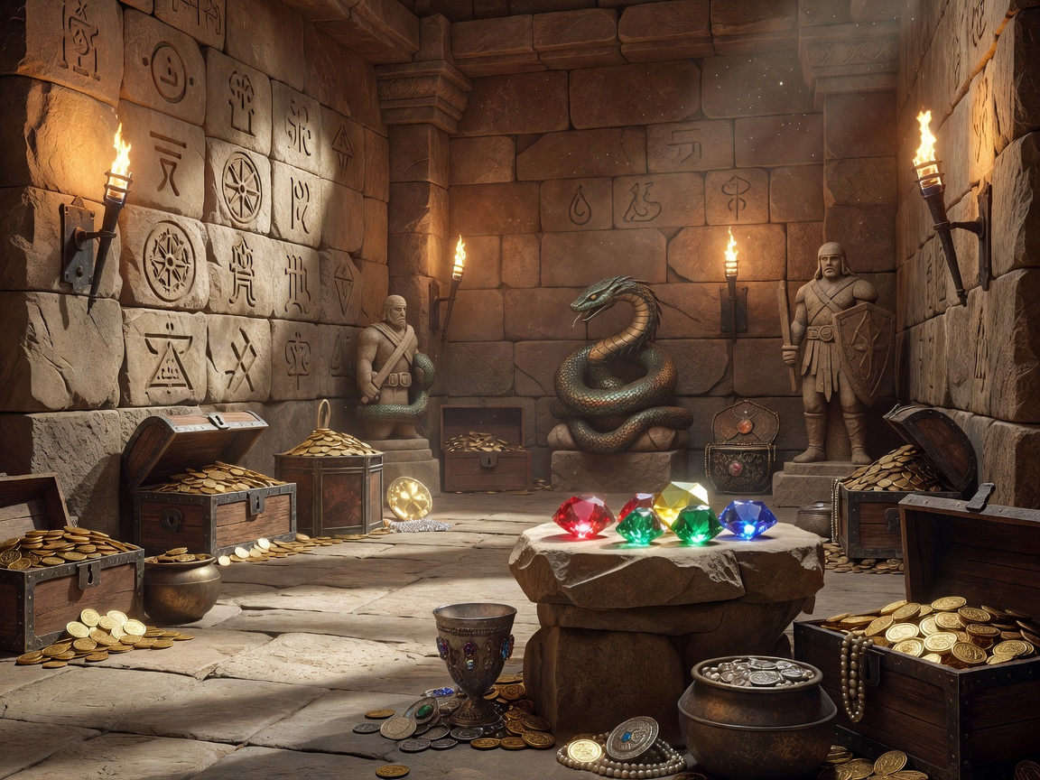 Ancient chamber displaying game symbols, treasure objects, and special bonus items from Adventurer Slot