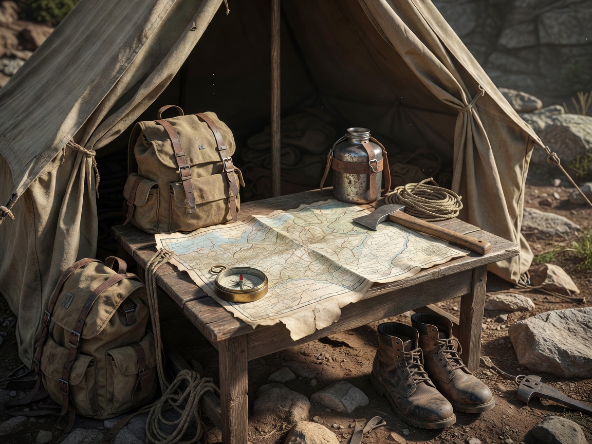 Explorer base camp featuring maps, compass, and adventurer gear directly inspired by the game